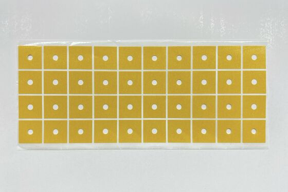 Die-Cut Square PET Double Sided Tape with Center Positioning Holes, High Tack Acrylic Adhesive, Yellow Release Liner for Industrial Assembly & Automated Mounting